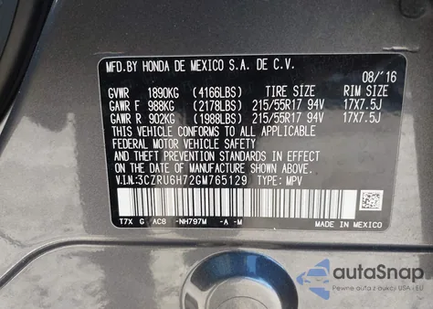 2016 Honda Hr-V Ex-L from USA, damaged, VIN 3CZRU6H72GM765129